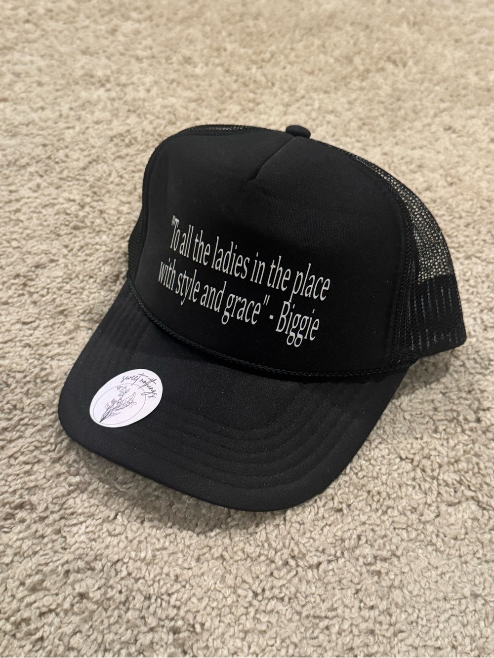 5/$40 in a Bundle or $10 each
Black Trucker Cap with Quote - Biggie Style